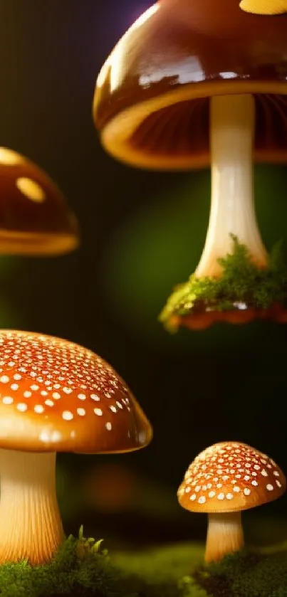 Vibrant mobile wallpaper of mushrooms in a lush forest scene.