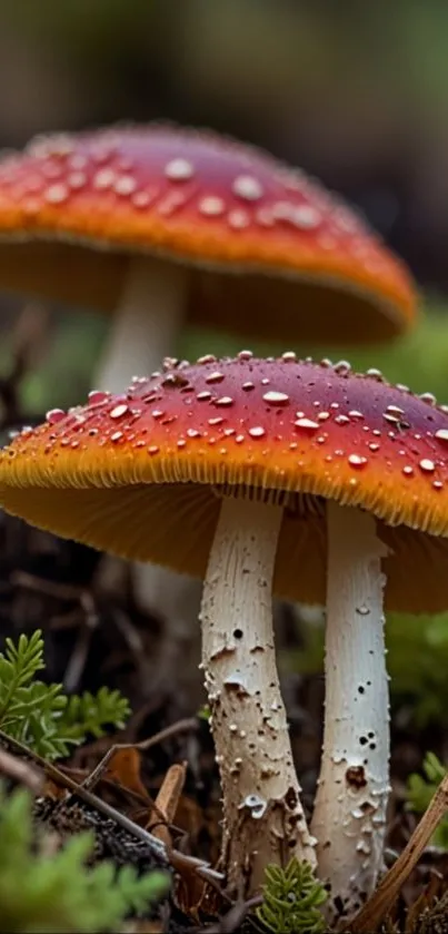 Close-up of vibrant forest mushrooms with droplets.