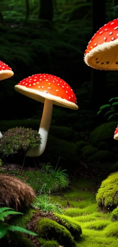 Vibrant red mushrooms in a lush green forest setting.