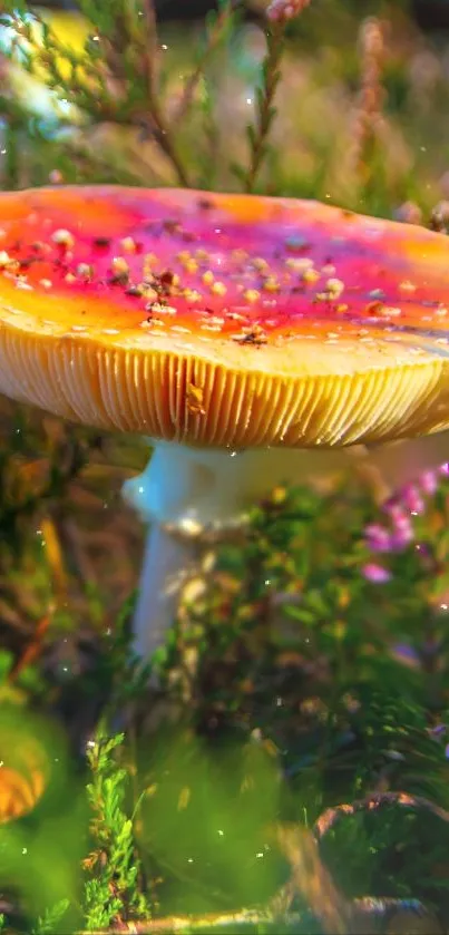 Colorful mushroom in a vibrant forest setting with lush green plants.