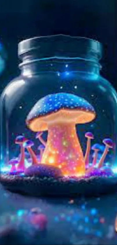 Close-up of a glowing mushroom inside a glass jar with vibrant colors.