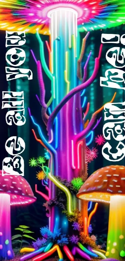 Neon mushrooms with motivational text wallpaper.