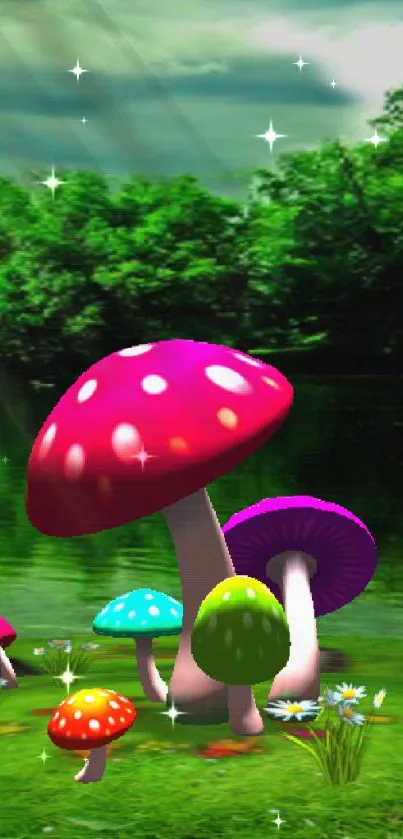 Serene lake with colorful mushrooms and vibrant greenery.