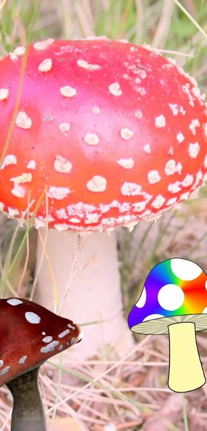 Vibrant red mushroom with nature background.