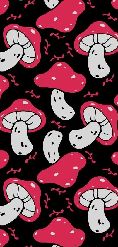 Colorful mushroom pattern design with red caps on a black background.