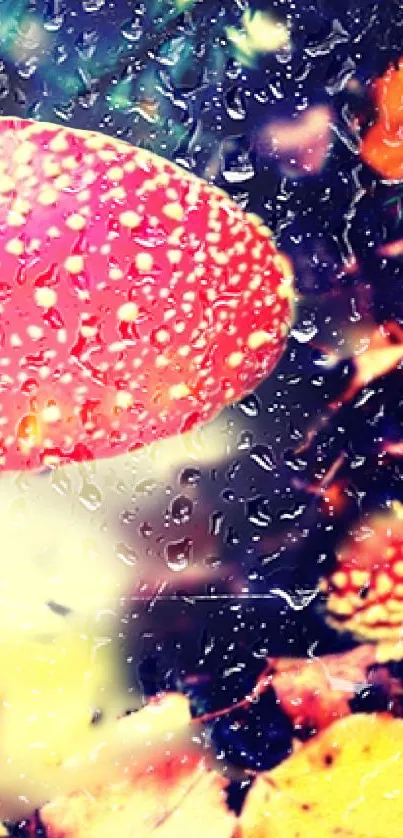 Vibrant red mushroom with raindrops in nature.