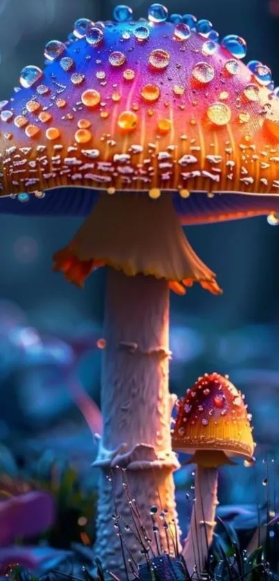 Vibrant mushroom with raindrops against a mystical background.