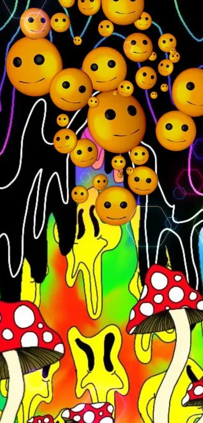 Colorful wallpaper with smiley faces and mushrooms.