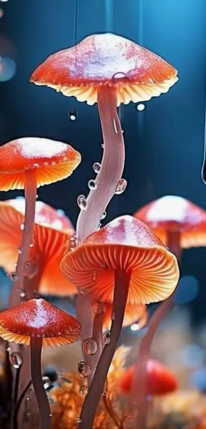 Colorful glowing mushrooms with droplets in a serene setting.