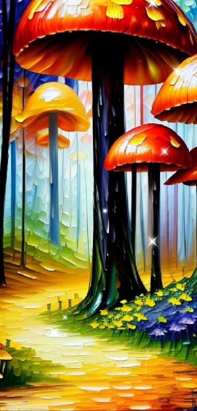 Vibrant forest with giant colorful mushrooms in an artistic digital style.