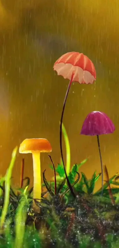 Colorful mushrooms in a dewy forest scene with a golden yellow background.