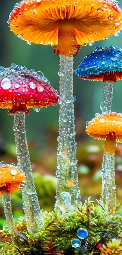 Colorful mushrooms with dew in a forest