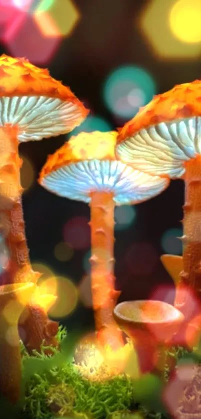 Vibrant orange mushrooms glowing in a magical forest setting.