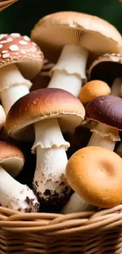 A wicker basket filled with diverse mushrooms.