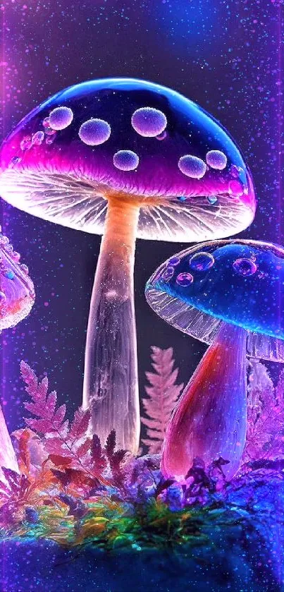 Glowing vibrant mushrooms in a colorful fantasy scene.