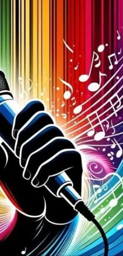 Dynamic microphone with colorful musical notes on a vibrant background.