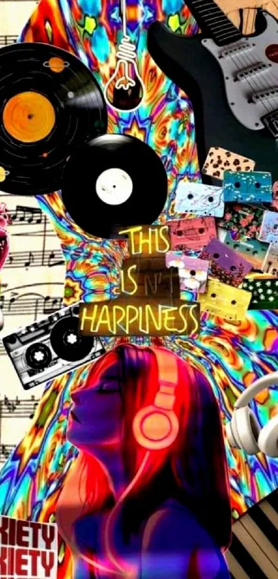 Vibrant collage of music records and instruments with a psychedelic design.