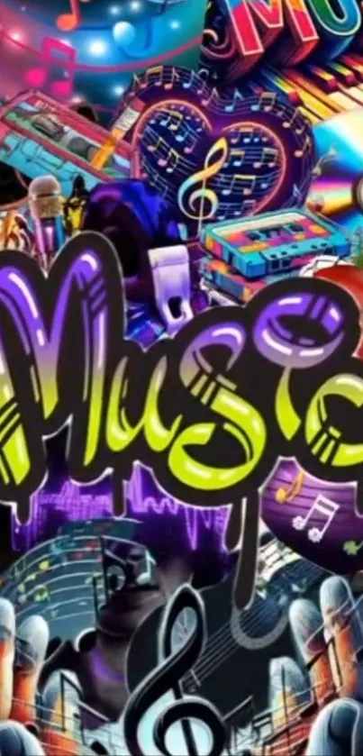 Vibrant music collage wallpaper with colorful notes and instruments.