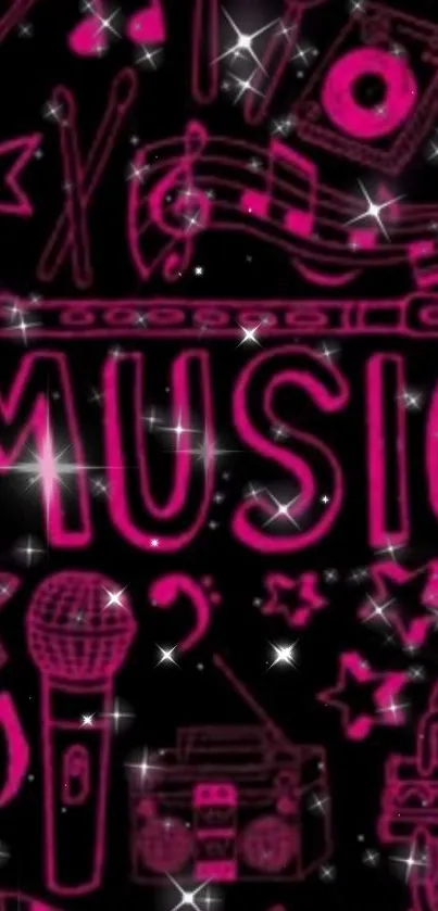 Neon pink music-themed doodles on a black background wallpaper.