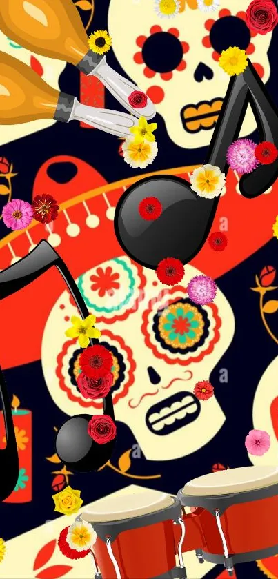 Vibrant festival-themed wallpaper with musical notes and colorful skulls.
