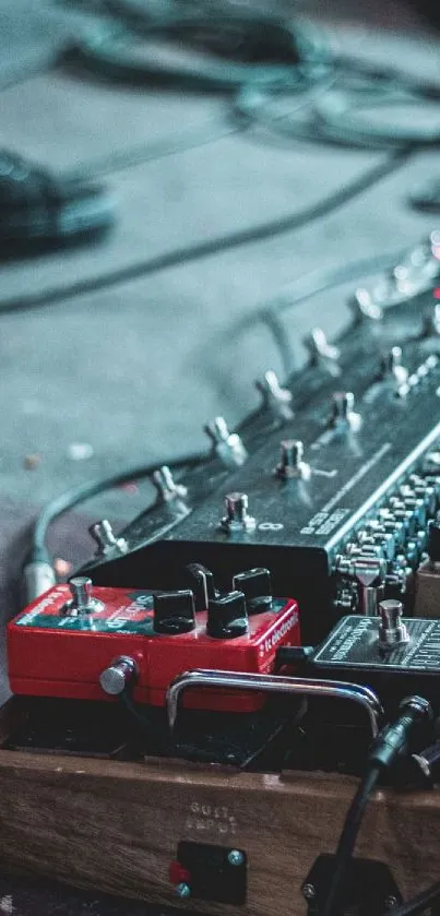 Dynamic mobile wallpaper featuring guitar pedals on a vibrant stage setup.