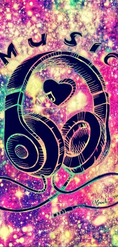 Colorful music-themed wallpaper with abstract headphones and a galaxy background.