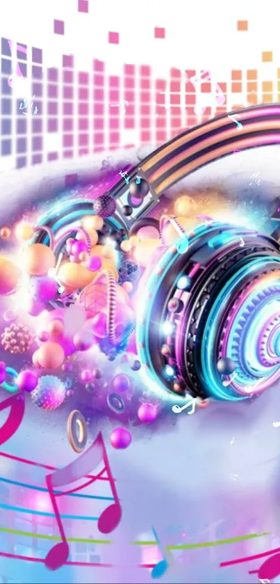 Vibrant headphones with musical notes and colorful gradient background.