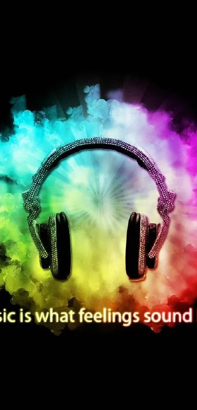 Colorful headphones with music quote on black background.