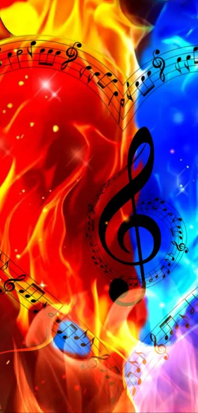 Fiery heart with musical notes on vibrant red and blue background.