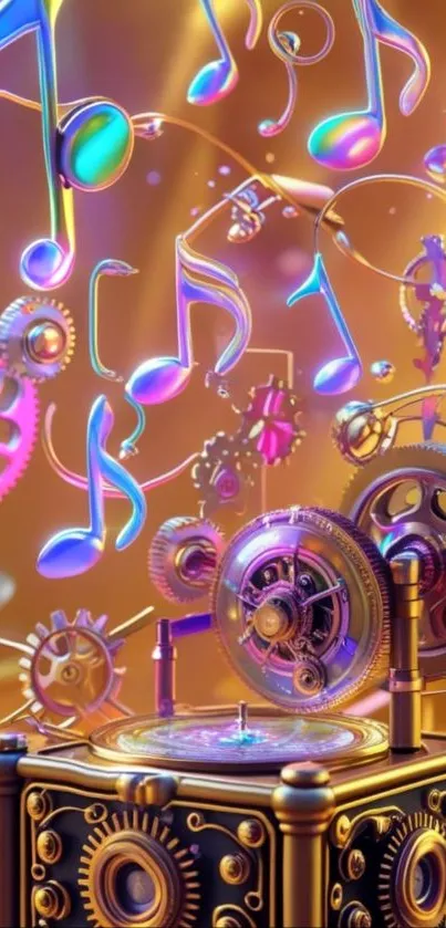 Colorful music-themed art with notes and gears