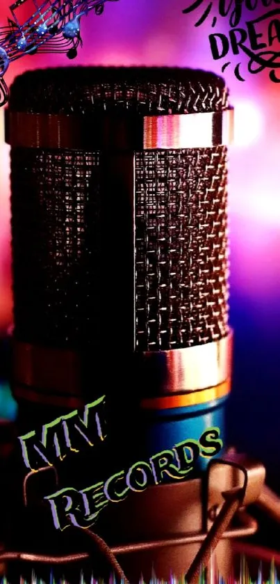 Vibrant microphone on colorful musical wallpaper.