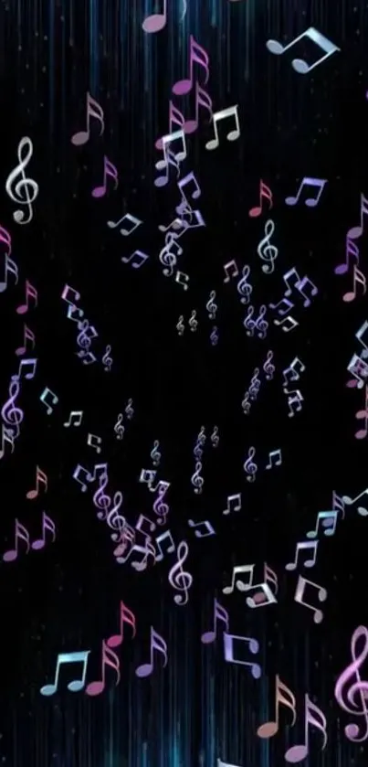 Vibrant music notes spiral on black background.