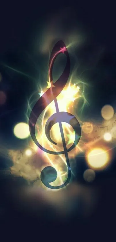 Glowing treble clef on dark background, vibrant music wallpaper.