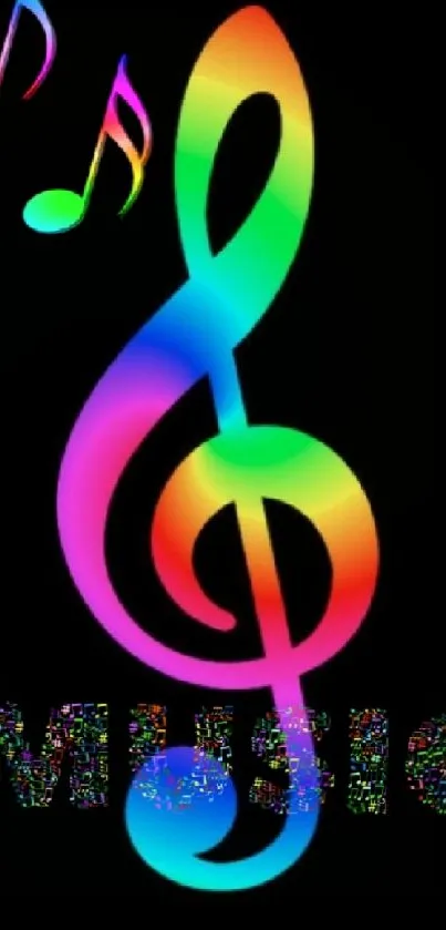 Colorful treble clef with music notes on black background.