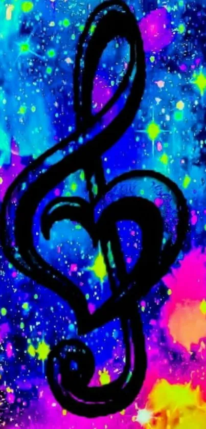 Colorful treble clef on galaxy background wallpaper.