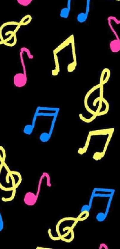 Vibrant music notes wallpaper with yellow, pink, and blue designs on black background.