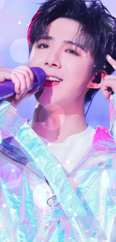 Colorful musician in performance with microphone on purple stage.