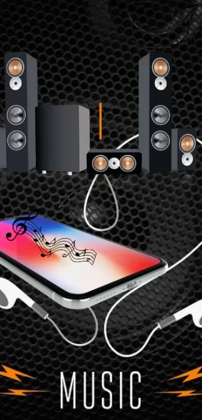 Music-themed phone wallpaper with speakers and earphones on a black background.