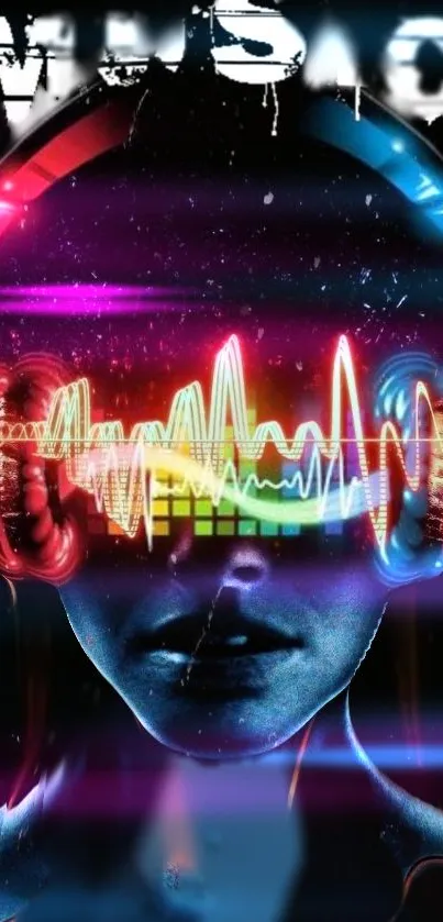 Neon music wallpaper with glowing sound waves and headphones.