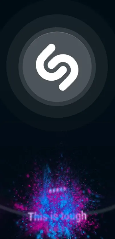 Dynamic black wallpaper with vibrant blue and pink splash highlighting music icon.