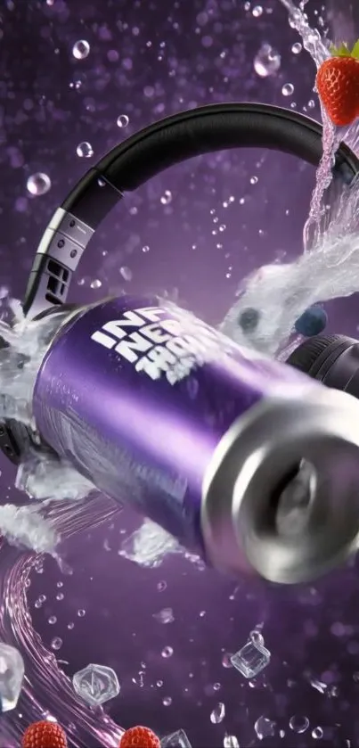 Purple wallpaper with headphones and soda can splash.