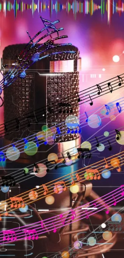 Colorful music-themed mobile wallpaper with a microphone and notes.