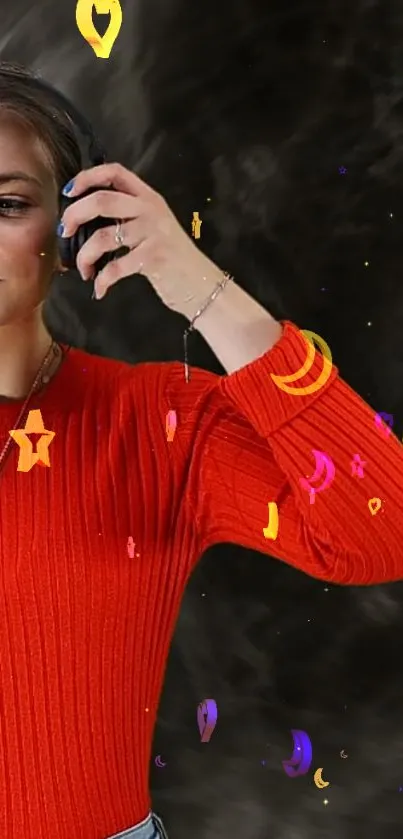 Woman in red sweater with headphones and colorful abstract patterns.