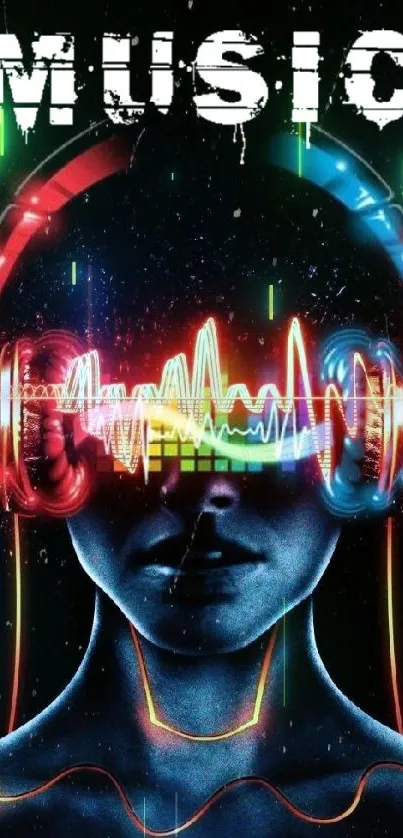 Dynamic wallpaper with colorful headphones and sound waves.