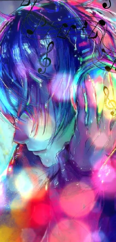 Colorful illustration of a person immersed in music with vibrant notes.