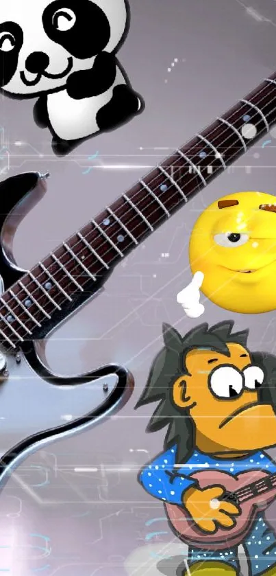 Cartoon wallpaper with guitar, panda, and emoji.