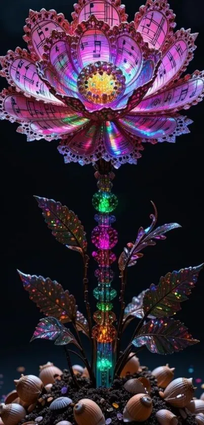 Colorful flower with musical notes on dark background
