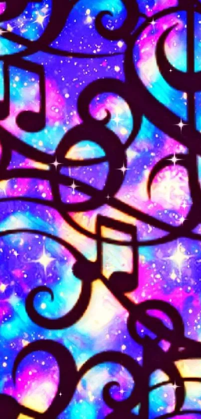 Vibrant galaxy wallpaper with musical notes and cosmic colors.