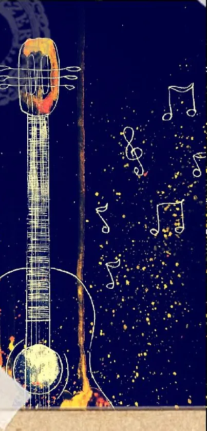 Vibrant guitar artwork with musical notes in dark tones.