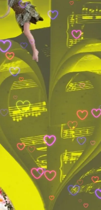 Yellow wallpaper with hearts and musical notes.